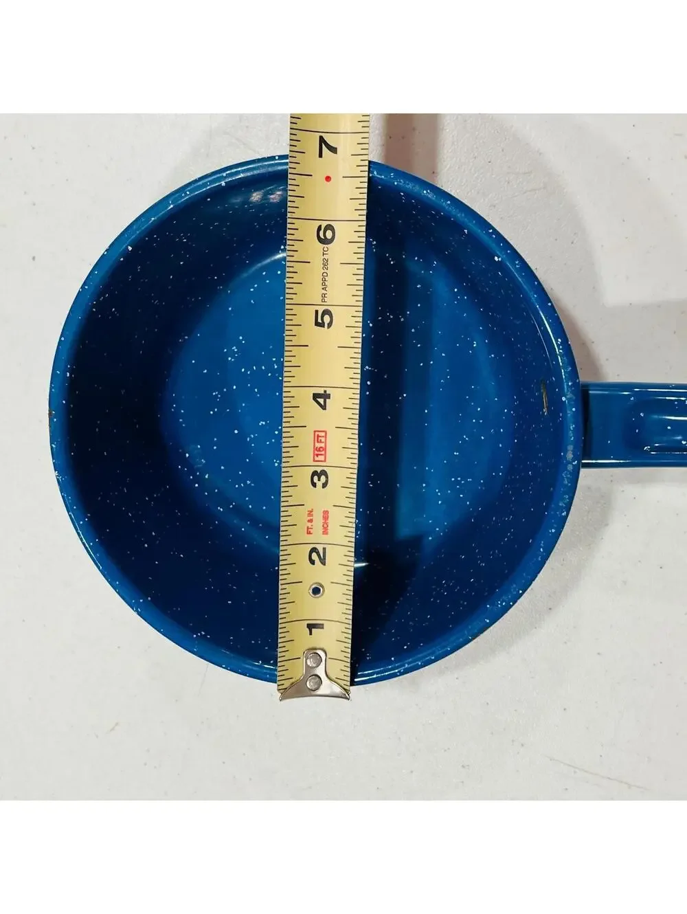 ENAMELWARE BLUE AND WHITE SPECKLED ENAMEL SMALL POT PAN FARMHOUSE 6.5